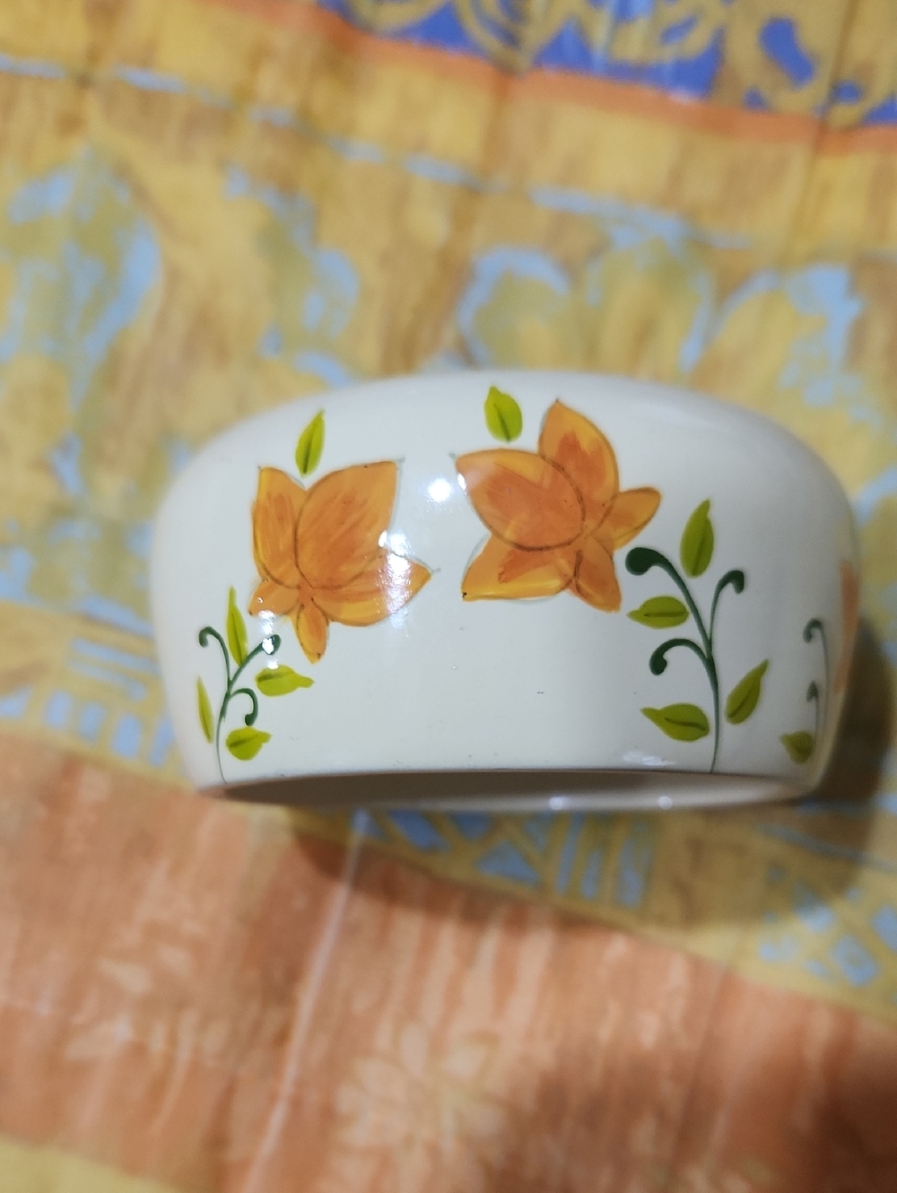 Hand-Painted Floral Ceramic Bangle Bracelet in Orange and Green